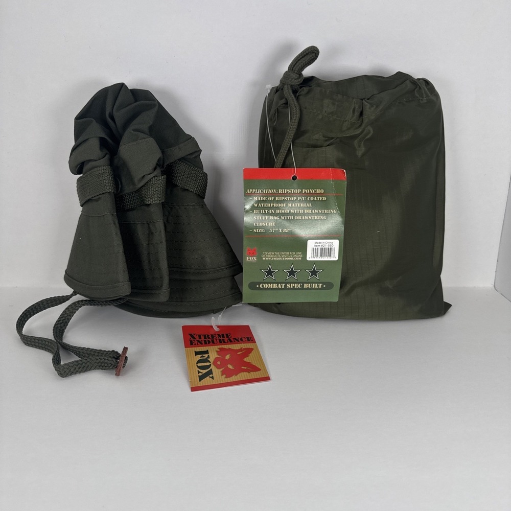 Fox Outdoor 21-550 Ripstop Poncho + Fox Extreme Endurance Hat New Green With Tag